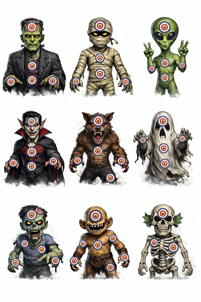 9 Monster Targets - Paper 14cm x 14cm
